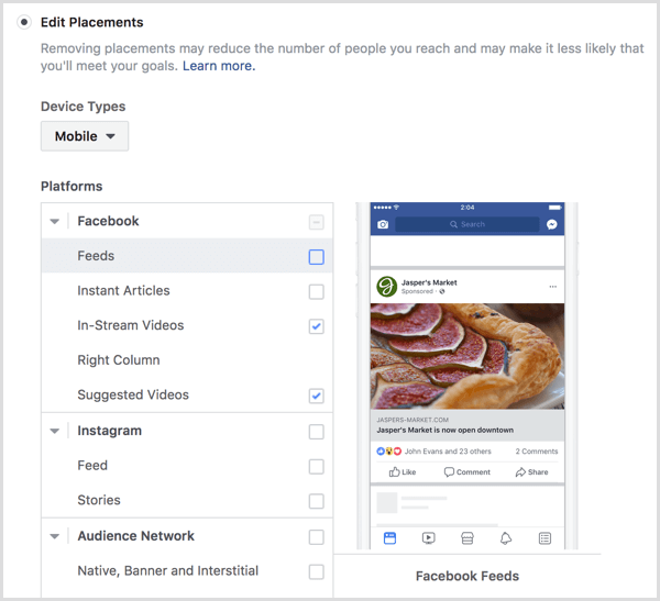 फेसबुक विज्ञापन अभियान का चयन प्लेसमेंट बनाता है