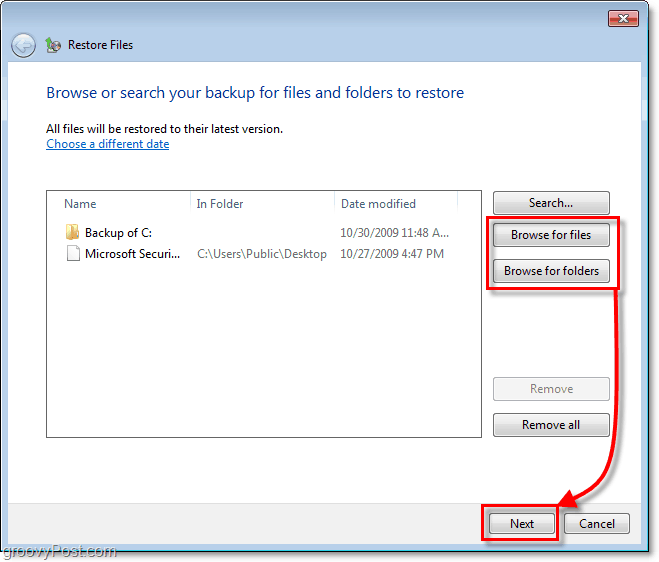 विंडोज 7 बैकअप - उन फ़ाइलों या फ़ोल्डरों का चयन करें जिन्हें आप पुनर्स्थापित करना चाहते हैं