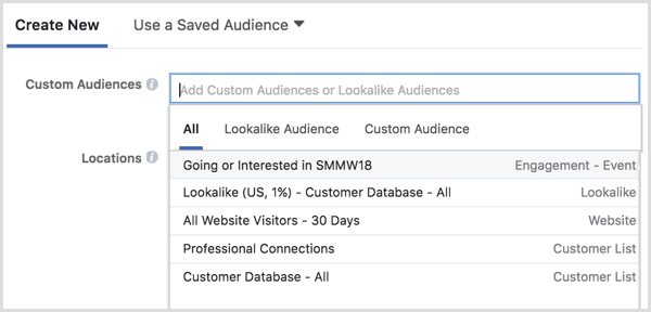 फेसबुक विज्ञापन प्रबंधक विज्ञापन लक्ष्यीकरण में कस्टम दर्शकों का चयन करता है