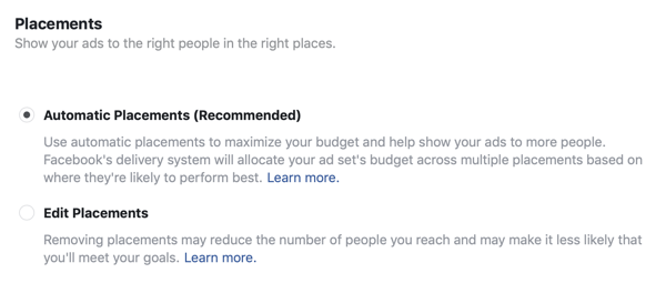 फ़ेसबुक लीड विज्ञापन अभियान के लिए प्लेसमेंट विकल्प।