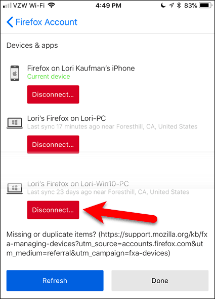 IOS के लिए फ़ायरफ़ॉक्स में एक डिवाइस को डिस्कनेक्ट करें