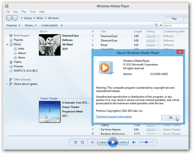 विंडोज 8 डेस्कटॉप पर विंडोज मीडिया प्लेयर