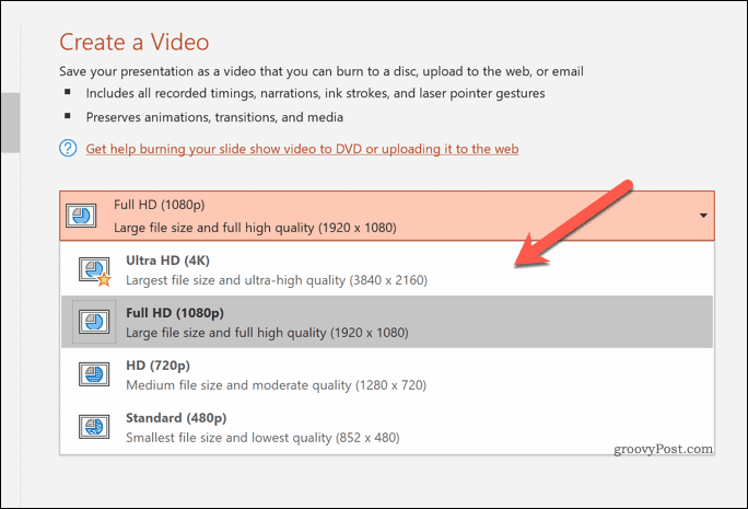 PowerPoint में निर्यात किए गए वीडियो की गुणवत्ता का निर्धारण करना