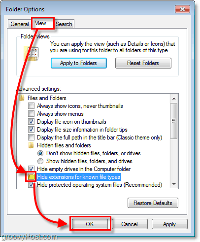 विंडोज़ में 7 फ़ोल्डर विकल्प संवाद दृश्य टैब पर क्लिक करें फिर ज्ञात फ़ाइल प्रकारों के लिए संयुक्त एक्सटेंशन छिपाएं