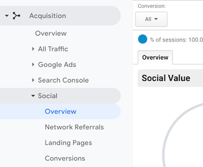 Google Analytics में नेविगेशन मेनू सामाजिक> अवलोकन के साथ चयनित