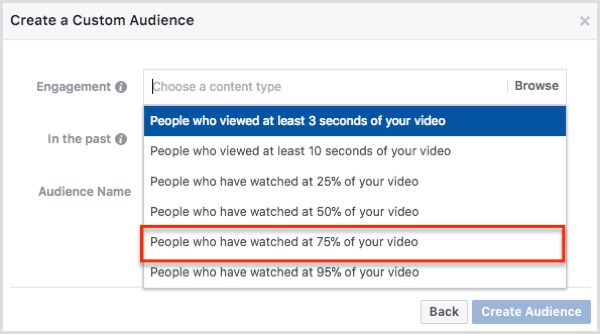 कस्टम ऑडियंस डायलॉग बॉक्स बनाएं में आपके वीडियो को 75% तक देखने वाले लोग चुनें।