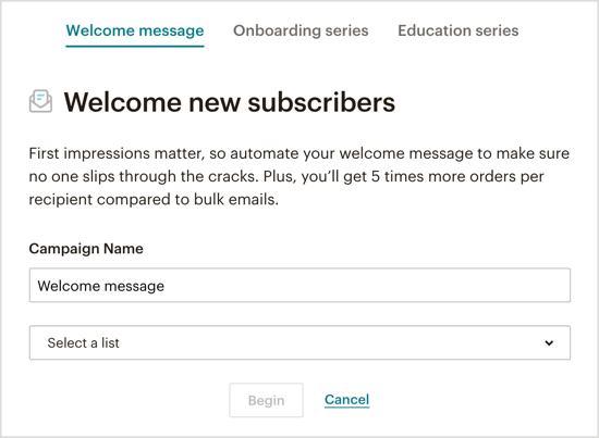 चुनें कि किस प्रकार का स्वचालित स्वागत ईमेल आप अपने मैसेंजर बॉट के जरिए भेजना चाहते हैं। 
