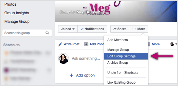 अधिक मेनू पर क्लिक करें और समूह सेटिंग संपादित करें चुनें।