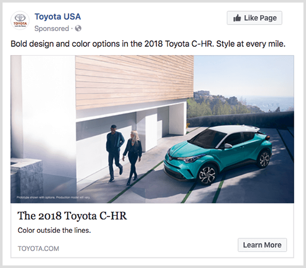 टोयोटा से फ़ेसबुक सगाई के विज्ञापन में फ़िरोज़ा टोयोटा सी-एचआर है और इसमें लर्न मोर बटन है।