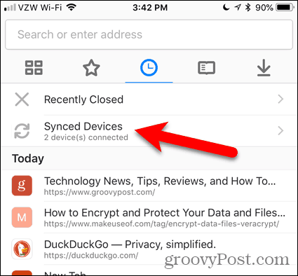 IOS के लिए फ़ायरफ़ॉक्स में सिंक किए गए डिवाइस को टैप करें