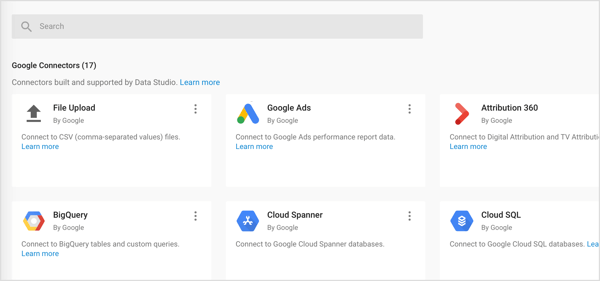 Google डेटा स्टूडियो में तीन प्रकार के कनेक्टर आयात करें: Google कनेक्टर्स, पार्टनर कनेक्टर्स और ओपन सोर्स कनेक्टर्स।