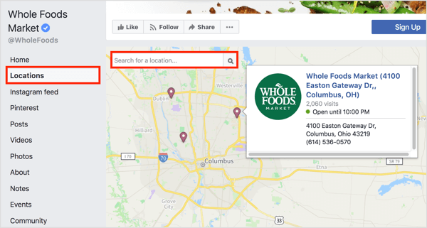 फेसबुक पेज पर स्थान टैब पर क्लिक करने से मानचित्र पर अलग-अलग स्थानों का पता चलता है। 