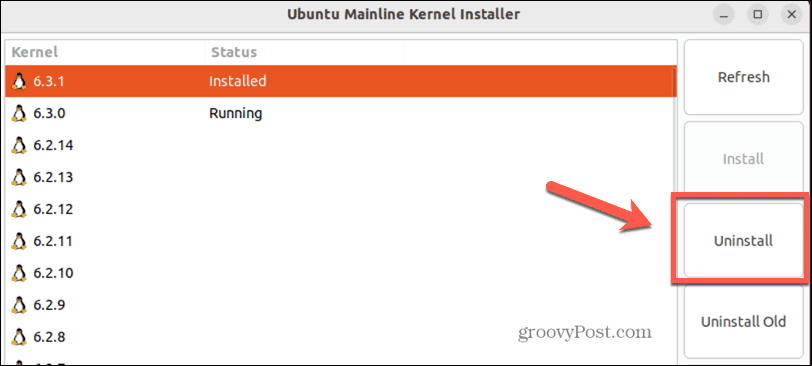 ubuntu मेनलाइन में कर्नेल को अनइंस्टॉल करता है