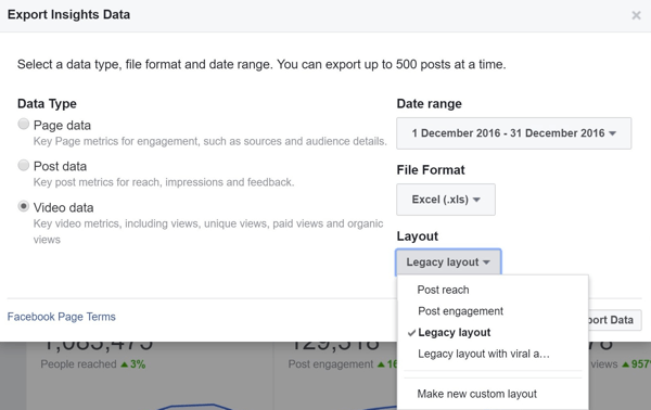 जब आप अपनी Facebook वीडियो डेटा फ़ाइल निर्यात करते हैं, तो आपको यह चुनने की आवश्यकता होती है कि कौन सा लेआउट डाउनलोड करना है।