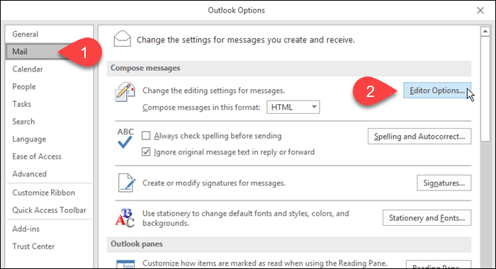 Outlook में मेल तब संपादक विकल्प पर क्लिक करें
