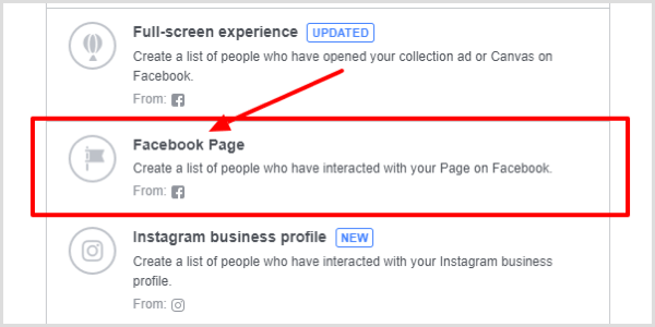 सगाई प्रकार के रूप में फेसबुक पेज चुनें।