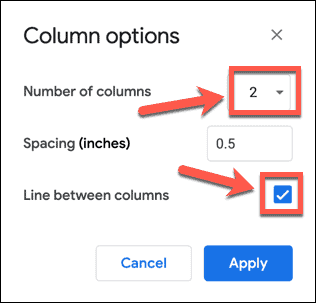 Google डॉक्स में कॉलम विकल्प चुनना
