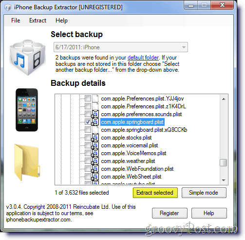 iPhone बैकअप एक्सट्रैक्टर का चयन करें ऐप्पल स्प्रिंगबोर्ड .plist