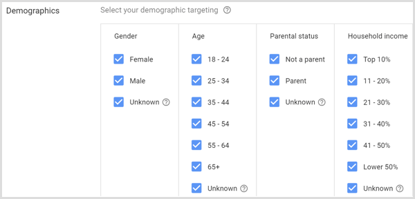 Google ऐडवर्ड्स अभियान की जनसांख्यिकी सेटिंग।