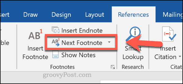 वर्ड में अगला फुटनोट बटन