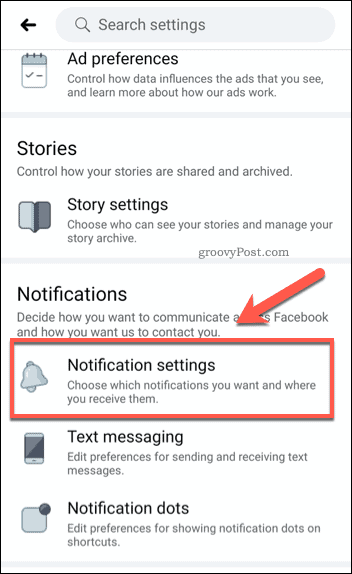 फेसबुक मोबाइल अधिसूचना सेटिंग्स विकल्प
