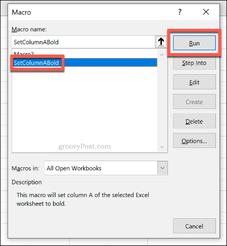 Excel में मैक्रो चलाने के लिए मैक्रो चयन मेनू