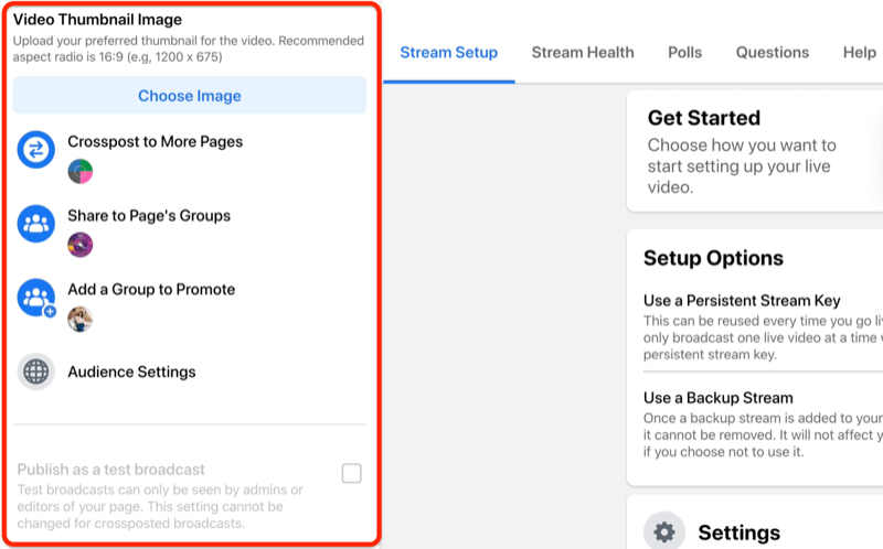 आपके वीडियो के लिए थंबनेल छवि का चयन करने के लिए फेसबुक लाइव स्ट्रीम सेटअप विकल्प
