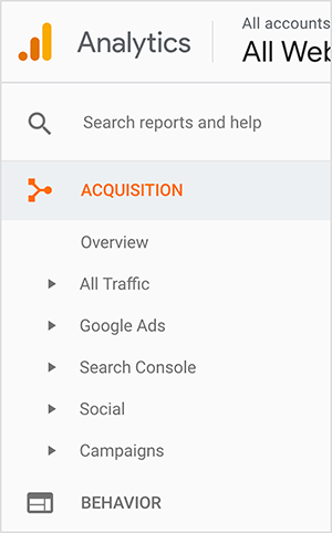 यह Google Analytics साइडबार का एक स्क्रीनशॉट है। ऊपरी बाईं ओर लोगो दिखाई देता है। यह एक नारंगी पट्टी के बगल में एक नारंगी डॉट है और फिर एक बार ग्राफ का सुझाव देते हुए एक लंबी पीली पट्टी है। साइडबार में ऊपर से नीचे तक निम्नलिखित विकल्प हैं: "खोज रिपोर्ट और सहायता" नामक एक बॉक्स, अधिग्रहण (जो नारंगी में दिखाई देता है), और इसके उप-संस्करण। उप-अवलोकन अवलोकन, सभी ट्रैफ़िक, Google विज्ञापन, खोज कंसोल, सामाजिक और अभियान हैं। प्रत्येक उप-गोद के बगल में एक छोटा त्रिकोण दिखाई देता है, जिससे आप त्रिकोण पर क्लिक करके अतिरिक्त विकल्प देख सकते हैं। दिखाया गया अंतिम मुख्य-स्तरीय विकल्प व्यवहार है। जेनिफर प्रीस्ट Google Analytics का उपयोग करती है यह देखने के लिए कि कौन सी पिन उसे सबसे अधिक ट्रैफ़िक भेजती है और मूल्यांकन करती है कि उसकी वेबसाइट ट्रैफ़िक के लिए हैशटैग, चित्र और बोर्ड अच्छे से काम कर रहे हैं।