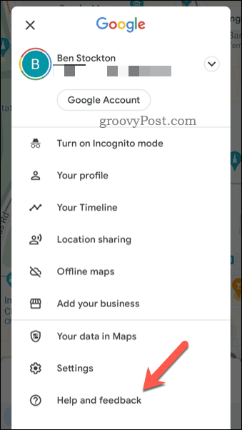 Google मानचित्र फ़ीडबैक मेनू खोलें