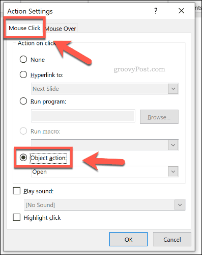 PowerPoint में माउस क्लिक से खोलने के लिए ऑब्जेक्ट सेट करना