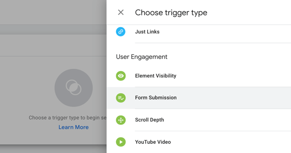 Google टैग प्रबंधक में ट्रिगर प्रकार चुनने के लिए फेसबुक, चरण 19, मेनू विकल्पों के साथ Google टैग प्रबंधक का उपयोग करें