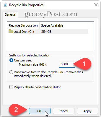 विंडोज 11 में रीसायकल बिन का अधिकतम आकार बदलें