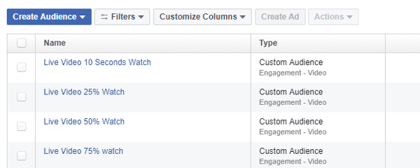 फेसबुक विज्ञापन प्रबंधक में, फेसबुक लाइव वीडियो के विचारों के आधार पर एक आकर्षक दर्शकों को परिभाषित करने के लिए ऑडियंस टूल का उपयोग करें।