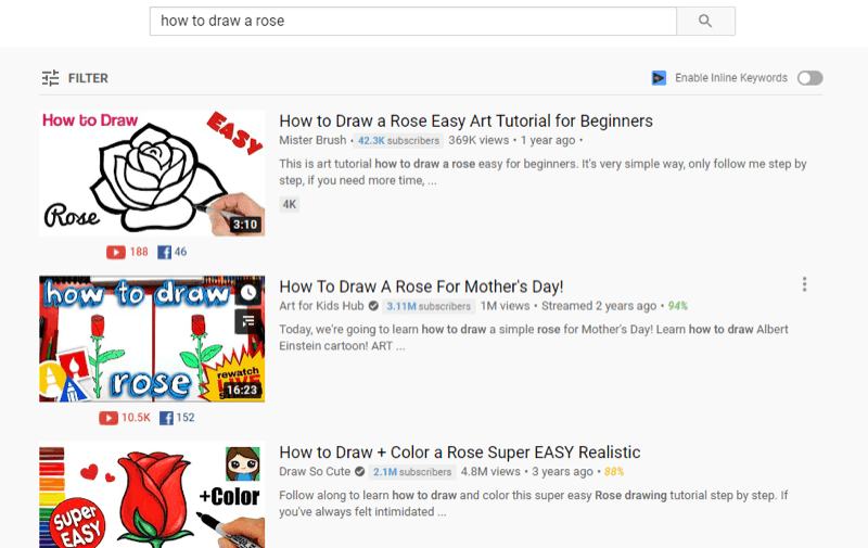 YouTube में शीर्ष YouTube वीडियो का उदाहरण 'कैसे गुलाब आकर्षित करें' के लिए खोज परिणाम