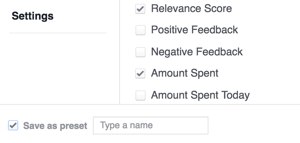 एक टेम्पलेट के रूप में अपने फेसबुक परिणाम सेटिंग्स सहेजें।