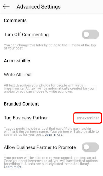 इंस्टाग्राम अकाउंट का नाम ब्रांडेड पार्टनर के रूप में सूचीबद्ध है