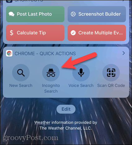 आईओएस पर क्रोम विजेट पर इनकॉग्निटो खोज टैप करें