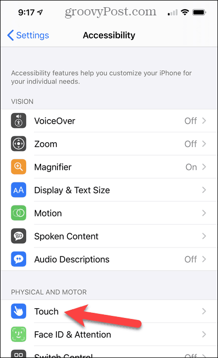 IPhone सेटिंग में टच टैप करें