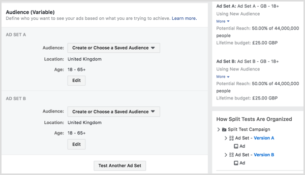 स्प्लिट टेस्ट दो या अधिक दर्शकों के लिए आपके फेसबुक विज्ञापन चला रहा है।