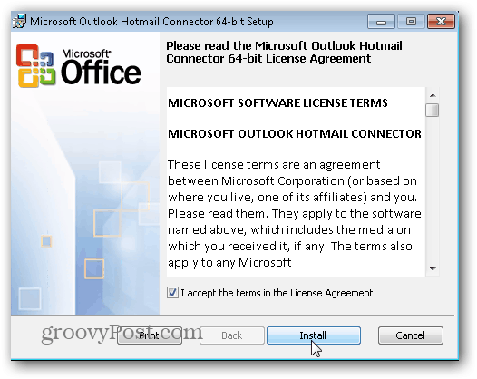 Outlook.com आउटलुक हॉटमेल कनेक्टर - इंस्टॉल पर क्लिक करें