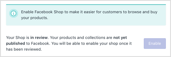 Shopify एक ऑनलाइन संदेश दिखाता है कि आपकी Facebook दुकान समीक्षाधीन है।