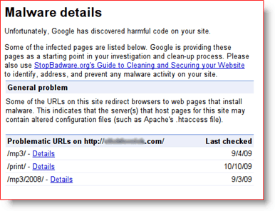 Google वेबमास्टर उपकरण मैलवेयर विवरण