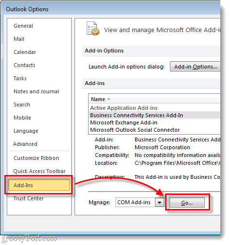 आउटलुक ऐड-इन्स> गो