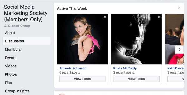 फेसबुक पर प्रकाश डाला गया है कि समूह के कौन से सदस्य इस सप्ताह समूह में सबसे अधिक सक्रिय रहे हैं।