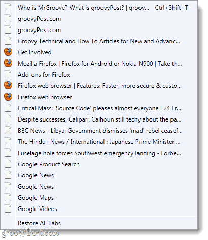 फ़ायरफ़ॉक्स हाल ही में 20 आइटम के साथ टैब सूची को बंद करता है