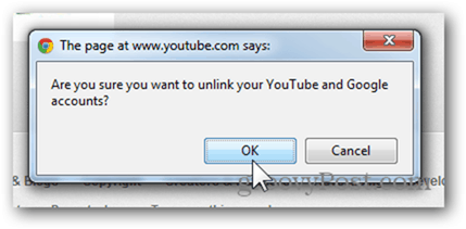 YouTube खाते को नए Google खाते से लिंक करें - अनलिंक खाते पर ठीक क्लिक करें