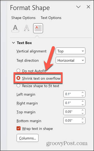 पावरपॉइंट ओवरफ्लो पर टेक्स्ट को सिकोड़ता है
