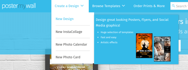 PosterMyWall के साथ ग्राफ़िक बनाने के लिए एक डिज़ाइन> नया डिज़ाइन बनाएँ चुनें।