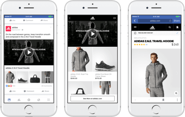 फेसबुक के नए संग्रह विज्ञापन प्रारूप के साथ, ब्रांड एक प्राथमिक वीडियो या छवि पेश कर सकते हैं जो फेसबुक पर एक इमर्सिव, फास्ट-लोडिंग शॉपिंग अनुभव का नेतृत्व करते हैं। 