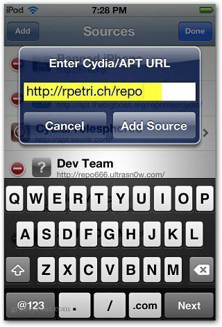 Cydia APT URL दर्ज करें